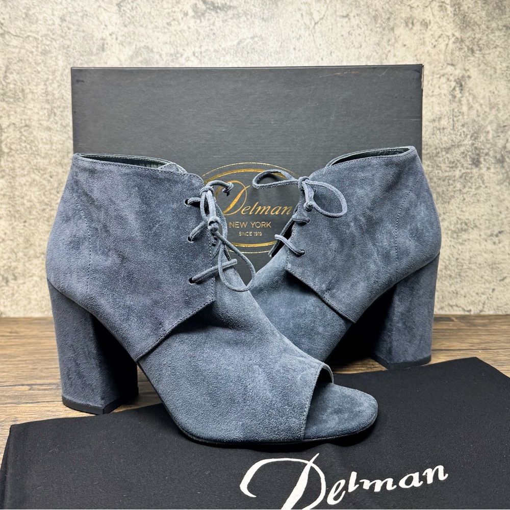 Delman suede gray-blue open toe booties, leather Anita heeled boots, size 9.5